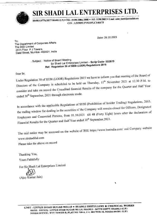 Sir Shadi Lal Enterprises Limited Board Meeting Notices